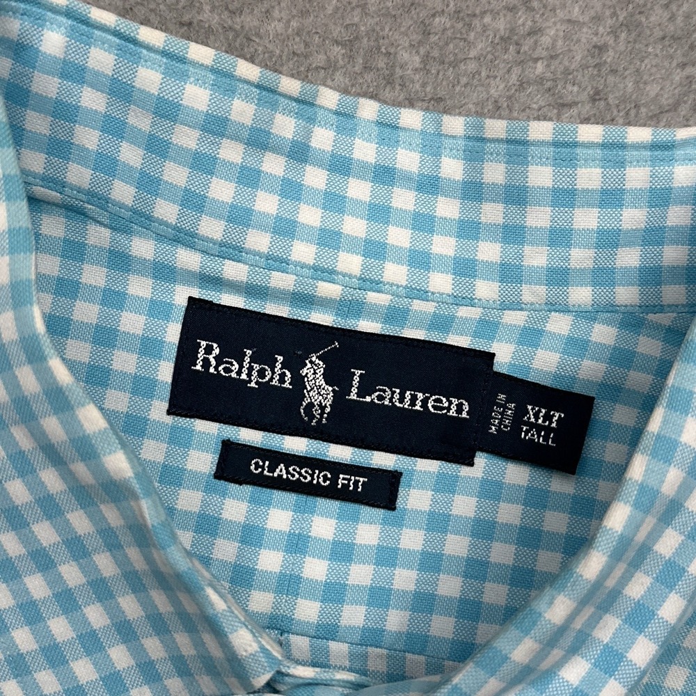 Vintage‎ Ralph Lauren Button Down Shirt Men XLT TALL Blue Check Plaid Flesh Pony - Picture 3 of 9